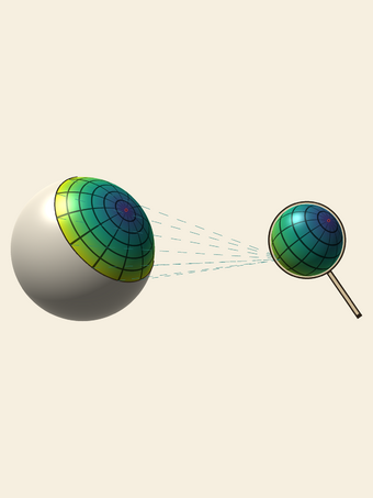 A 60-degree cap of the source sphere A, carrying a grid, wrapped onto the whole of the lens sphere B, which is drawn as a hand-held scope
