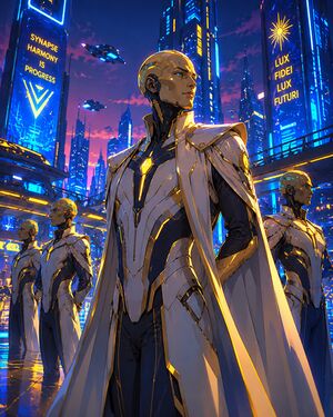 Geminoids in one of Gemina's gold-lit cities. The second opinion is standing just outside the frame.